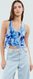 Yazlık Soyut Desenli Crop Bluz Boyundan Bağlamalı Örme Tül Kumaş Modern Stil Şık Görünüm