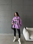 3 İplik Şardonlu Oversize Compact True Baskılı Sweat Mor