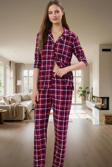 Evde Rahatlık İçin Ekose Desenli Örme Pijama Takımı Uzun Paça Kol Modern Stil Özenle Seçilmiş
