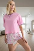 Kadın Pamuklu Ekose Pijama Takımı Rahat Homewear Yazlık Kısa Kol Kaliteli İşçilik Uzun Ömürlü