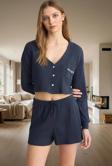 Kadın Örme Pijama Takımı Rahat Kalıp Uzun Kollu Kısa Şort Kullanım Mükemmel Uyum