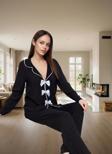 Kadın Viskon Dokuma Pijama Takımı Kurdele Fiyonk Detaylı Rahat Kalıp Şık Görünüm Modern Stil