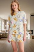 Kadın Ayıcıklı Pamuklu Pijama Takımı Renk Rahat Kalıp Yazlık Trend Tasarım Profesyonel Görünüm