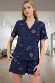 Kadın Pamuklu Galaksi Desenli Kısa Kollu Pijama Takımı Rahat Ev Giyim Seti Mükemmel Uyum