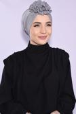 Nowa Scarf Güllü Büzgülü Çift Taraflı Tesettür Bone Gümüş Gri