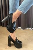 Preshley Kadın Clara Siyah Deri Ince Tokalı Lofer Model 12 Cm Platform Topuklu Ayakkabı