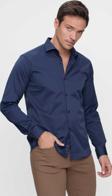 Erkek Lacivert Slim Fit Dar Kesim Düz Sert Yaka Uzun Kollu Gömlek