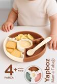 Meleni Baby Puzzle Mama Tabağı Kaşık Seti - Silikon Vakum Tabanlı Yapboz Mama Tabağı Silikon Kaşık - Kahve Bej