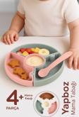 Meleni Baby Puzzle Mama Tabağı Kaşık Seti - Silikon Vakum Tabanlı Yapboz Mama Tabağı Silikon Kaşık - Yeşil Pembe