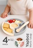 Meleni Baby Puzzle Mama Tabağı Kaşık Seti - Silikon Vakum Tabanlı Yapboz Mama Tabağı Silikon Kaşık - Gri Bej