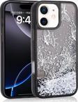 iPhone 12 - 12 Pro Kılıf Sıvılı Simli Kelebek Baskılı Şeffaf Arka Yüzey Glis Silikon Kılıf