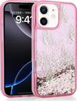 iPhone 12 - 12 Pro Kılıf Sıvılı Simli Kelebek Baskılı Şeffaf Arka Yüzey Glis Silikon Kılıf