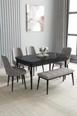 Loft Siyah Mermer 80x132 Açılabilir Mdf Masa Yemek Odası Takımı, Mutfak Takımı 4 Sandalye, 1 Bench