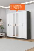 Aeka Ae-2116 Kale Aynalı Antrasit/Beyaz, 6 Kapaklı Gardırop, 13 Raflı, 3 Askılıklı 180 Cm Dolap