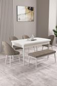 Milas Beyaz 80x132 Açılabilir Mdf Masa Yemek Odası Takımı, Mutfak Takımı 4 Sandalye, 1 Bench