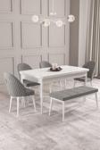 Calvin Beyaz 80x132 Açılabilir Mdf Masa Yemek Odası Takımı, Mutfak Takımı 4 Sandalye, 1 Bench