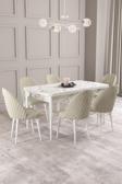 ​​​​​​​Calvin Beyaz Mermer Desen 80x132 Açılabilir Mdf Masa Yemek Odası Takımı, Mutfak Takımı 6 Adet