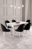 ​​​​​​​Calvin Beyaz Mermer Desen 80x132 Açılabilir Mdf Masa Yemek Odası Takımı, Mutfak Takımı 6 Adet