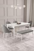 Calvin Beyaz Mermer 80x132 Açılabilir Mdf Masa Yemek Odası Takımı, Mutfak Takımı 4 Adet Sandalye, 1 