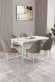 Milas Beyaz Mermer Desen 80x132 Açılabilir Mdf Masa Yemek Odası Takımı, Mutfak Takımı 6 Sandalye