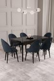 ​​​​​​​Calvin Siyah Mermer Desen 80x132 Açılabilir Mdf Masa Yemek Odası Takımı, Mutfak Takımı 6 Adet