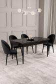 ​​​​​​​Calvin Siyah Mermer 80x132 Açılabilir Mdf Masa Yemek Odası Takımı, Mutfak Takımı 4 Adet Sanda