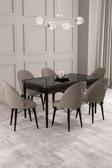 ​​​​​​​Calvin Siyah Mermer Desen 80x132 Açılabilir Mdf Masa Yemek Odası Takımı, Mutfak Takımı 6 Adet