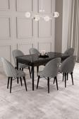 ​​​​​​​Calvin Siyah Mermer Desen 80x132 Açılabilir Mdf Masa Yemek Odası Takımı, Mutfak Takımı 6 Adet
