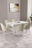 Milas Beyaz Mermer Desen 80x132 Açılabilir Mdf Masa Yemek Odası Takımı, Mutfak Takımı 6 Sandalye