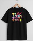 Oversize Çeşitli Renkli Şekerler Ve Lolipop Göğüs Tasarımlı Unisex T-Shirt