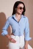 Lela Pamuk Karışımlı Slim Fit Uzun Kollu Crop Bayan Gömlek 6777336 BEBE MAVİ