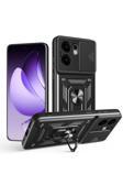 Yesnıce Oppo Reno 13F 5G Magnetik Standlı Kamera Korumalı Sürgülü Yüzüklü Darbe Emici Tank Kılıf