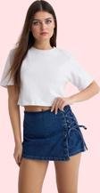 Kadın Denim Şort Etek Bağcıklı Detay Kısa Boy Pamuklu Yazlık Günlük Kullanım Modern Tasarım