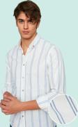 Erkek Slim Fit İnce Çizgili Gömlek Yaka Düğmeli Uzun Kollu Günlük Yaz Aylarının Vazgeçilmezi