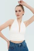 Vücuda Oturan Crop Bluz Boyundan Bağlamalı Örme Kumaş Modern Stil Premium Kalite