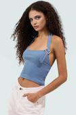 Fitted Kalıp Viskoz Ribana Crop Bluz Boyundan Bağlamalı Yaka Günlük Stil