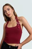 Fitted Kalıp Viskoz Ribana Crop Bluz Boyundan Bağlamalı Yaka Günlük Stil