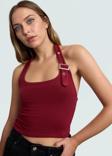 Fitted Kalıp Viskoz Ribana Crop Bluz Boyundan Bağlamalı Yaka Günlük Stil