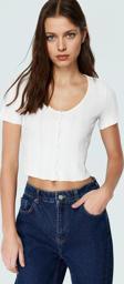 Rahat Örme Bluz Havuz Yaka Kısa Kol Crop Polyester Yazlık Seçkin Malzeme Dayanıklı