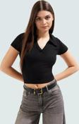 Viskoz Ribana Örme Bluz Crop Polo Yaka Fitted Rahat Kullanım Premium Kalite Modern Stil