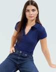 Viskoz Ribana Örme Bluz Crop Polo Yaka Fitted Rahat Kullanım Premium Kalite Modern Stil