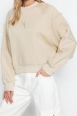 Tarz Regular Bisiklet Yaka Düşük Kol Crop Fit Nakışlı Kalın İçi Polarlı Örme Sweatshirt