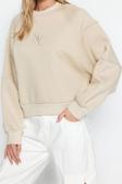 Tarz Regular Bisiklet Yaka Düşük Kol Crop Fit Nakışlı Kalın İçi Polarlı Örme Sweatshirt