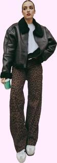 Kadın Leopar Desenli Pamuk Jean Pantolon Yüksek Bel Wide Leg Casual Tarz Dayanıklı Malzeme