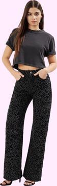 Kadın Leopar Desenli Pamuk Jean Pantolon Yüksek Bel Wide Leg Casual Tarz Dayanıklı Malzeme
