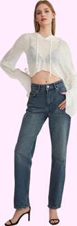 Kadın Pamuk Denim Jean; Yüksek Bel Straight Kalıp Boru Paça Günlük Kullanım Modern Tasarım