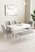Mabel Beyaz Mermer 80x132 Açılabilir Mdf Masa Yemek Odası Takımı,Mutfak Takımı 4 Sandalye, 1 Bench