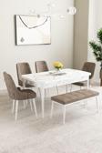 Mabel Beyaz Mermer 80x132 Açılabilir Mdf Masa Yemek Odası Takımı,Mutfak Takımı 4 Sandalye, 1 Bench