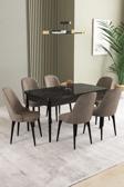 Ikon Siyah Mermer 80x132 Açılabilir Mdf Masa Yemek Odası Takımı, Mutfak Takımı 6 Adet Sandalye