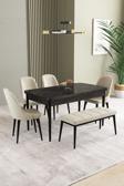 Ikon Siyah Mermer 80x132 Açılabilir Mdf Masa Yemek Odası Takımı, Mutfak Takımı 4 Sandalye, 1 Bench
